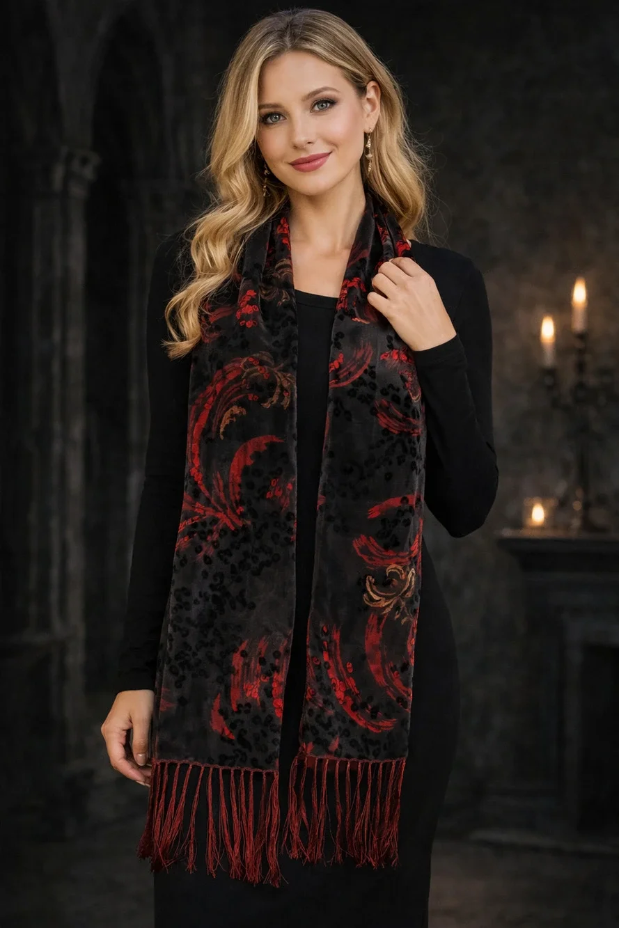 Velvet Burnout Fringe Scarf Black Red Gothic Witchy Dark Academia Boho Wrap